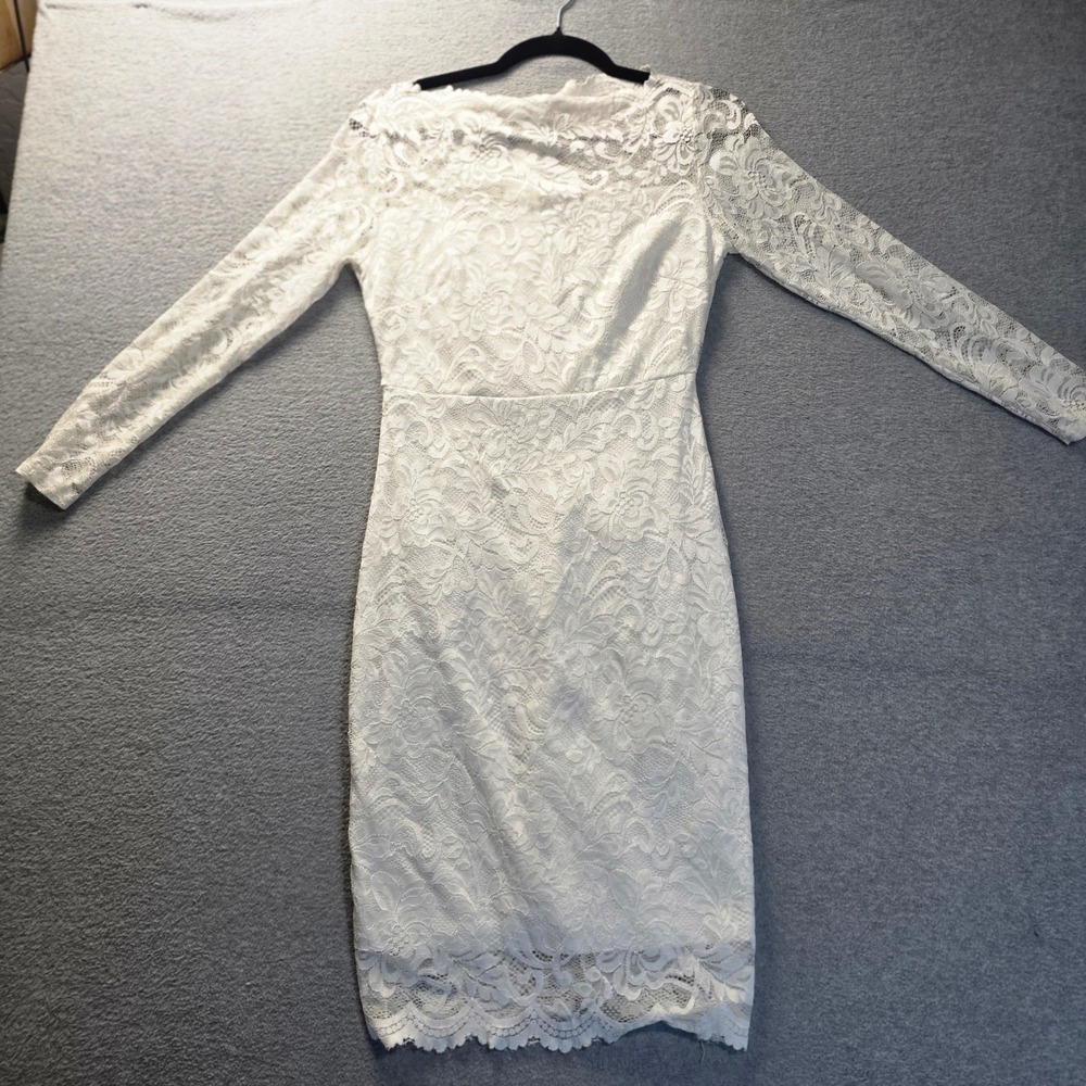 Floral Lace Midi Dress Womens M White Long Sleeve Bodycon Wedding Bridal Fitted